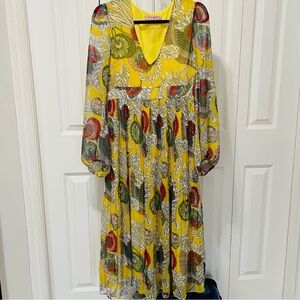 Traffic People Yellow Floral V-Neck, Empire Waist, Long Sleeve Midi Dress